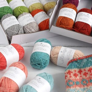 May include: A variety of colorful yarn balls in different shades of blue, green, orange, red, yellow, and pink. The yarn balls are labeled "Scheepjes Metropolis" and are arranged in a box and on a white surface. A knitted sock with a colorful pattern is also visible.