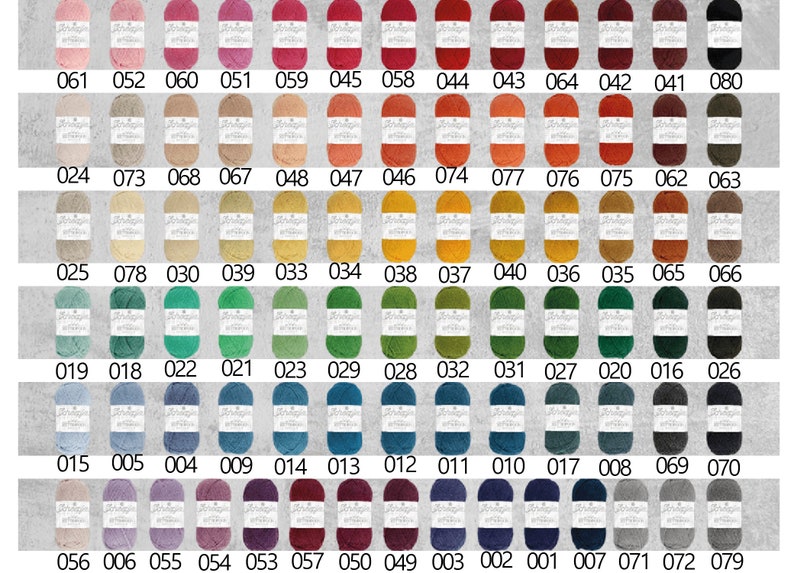 Pu&ograve; includere: Una tabella di 80 gomitoli di lana di diversi colori, ognuno etichettato con un numero. La lana &egrave; disposta in file di 13, con i numeri 061, 052, 060, 051, 059, 045, 058, 044, 043, 064, 042, 041 e 080 nella fila superiore.