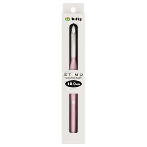 May include: A Tulip Etimo Grandhook crochet hook in a white retail box. The hook features a white tip and a light pink handle. The packaging displays the text Tulip, Etimo Grandhook, and 10.0mm in a black oval. The hook is 10.0mm in size.