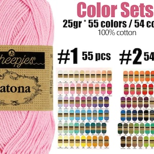 Catona cotton yarn color set of 25gr x 54 or 55 colors - 100% mercerized cotton from Scheepjes for dolls, amigurumi, knitting crochet yarn