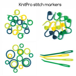 May include: KnitPro stitch markers in green, yellow, and blue. The markers are in the shape of circles, loops, and pins. KnitPro stitch markers are used to mark the beginning and end of rows in knitting.