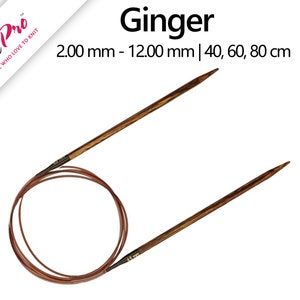 May include: Knit Pro Ginger circular knitting needles in brown wood with a copper cable. The needles are available in sizes 2.00 mm to 12.00 mm and lengths of 40, 60, and 80 cm.