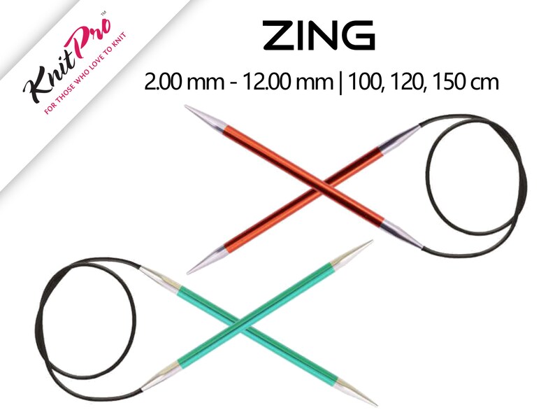 May include: Two sets of Knit Pro Zing circular knitting needles. One set is red, the other is teal. The needles are labeled with the text "ZING" and measurements from 2.00 mm to 12.00 mm and lengths of 100, 120, and 150 cm.
