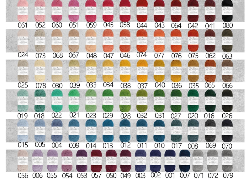 May include: A chart of 80 different colored yarn skeins, each labeled with a number. The yarn is arranged in rows of 13, with the numbers 061, 052, 060, 051, 059, 045, 058, 044, 043, 064, 042, 041, and 080 in the top row.