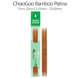 May include: A package of ChiaoGoo Bamboo Patina knitting needles. The package is light green with the brand name and needle sizes printed on it. The needles are made of bamboo and are various lengths and diameters.