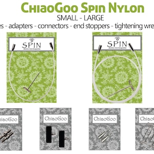 ChiaoGoo SPIN Nylon Small Large interchangeable cables, adapters, connectors, stoppers for Chiaogoo knitting tips
