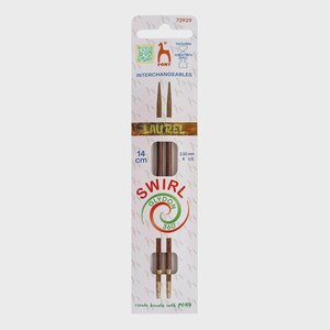 May include: Pony brand interchangeable knitting needles in a retail package. The set includes two brown wooden needle tips measuring 14 cm in length and 3.50 mm or 4 U.S. size. The packaging features the text Laurel, Swirl Glydon 360, and 73929.
