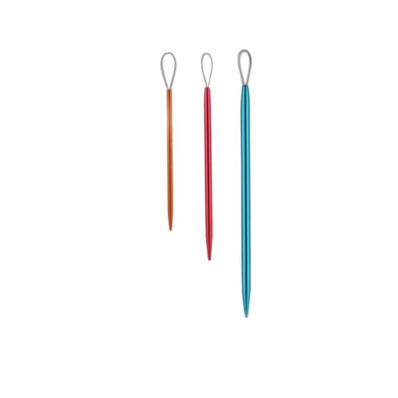 May include: Three metal crochet hooks in different sizes and colors: orange, red, and blue. The hooks have a loop at the top for easy handling.