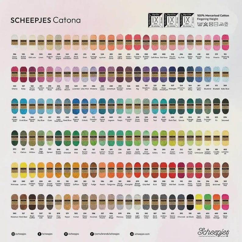 May include: A color chart of Scheepjes Catona 100% mercerized cotton fingering weight yarn. The chart displays a wide array of colors, including various shades of pink, blue, green, yellow, orange, and brown. The brand name and yarn type are visible.
