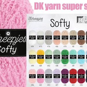 May include: A skein of pink Scheepjes Softy yarn, a super soft DK weight yarn made of 75% polyester and 25% nylon. The yarn is shown with a color chart of 24 different colors.