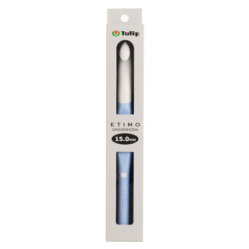 May include: A Tulip Etimo Grandhook crochet hook in a light blue and white color scheme, packaged in a vertical white box. The packaging displays the brand name Tulip, the product name Etimo Grandhook, and the size 15.0mm in black text.