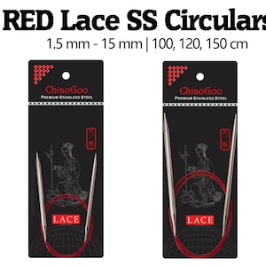 May include: Two sets of red ChiaoGoo circular knitting needles in sizes 1.5 mm to 15 mm. The needles are made of premium stainless steel and are available in lengths of 100, 120, and 150 cm.