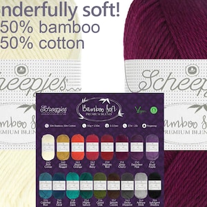 Può includere: Due gomitoli di filato Scheepjes Bamboo Soft in crema e magenta scuro. L'etichetta recita "wonderfully soft! 50% bamboo 50% cotton." Una tabella colori mostra vari colori di filato, tra cui oro, arancione e blu. Il filato è vegano.