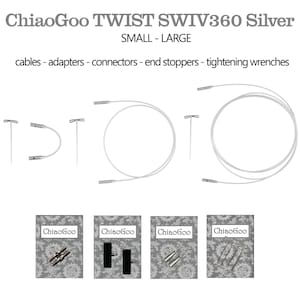 Op de afbeelding: Een set zilveren ChiaoGoo Twist Swiv360 breinaalden in kleine en grote maten. De set bevat kabels, adapters, connectoren, eindstoppen en spanmoeren. De naalden worden getoond op een witte achtergrond.