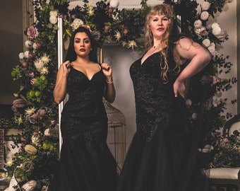 The Midnight Diamante Gown - Black Wedding Dress - Lace gown with v neck and mermaid skirt with diamanté detailing