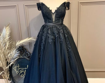 The Zephyr Gown - Black Wedding Dress with tulle skirt, lace and bead detailing