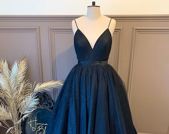 The Lethia Gown - Black wedding dress - Glitter tulle with plunge neck and spaghetti straps