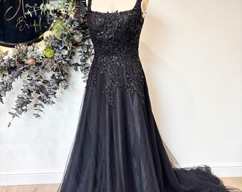 The Halo Gown - Black A-Line Wedding Dress with botanical lace