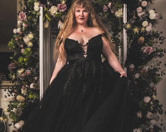 The Zephyr Curve Gown - Plus Size Black Wedding Dress with tulle skirt, lace and bead detailing