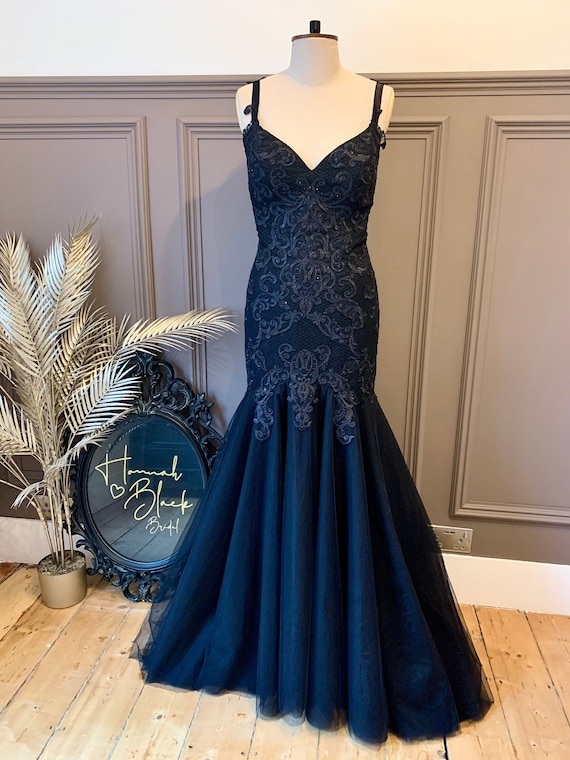 The Midnight Diamante Gown - Black Wedding Dress - Lace Gown with v neck and mermaid skirt with diamant detailing