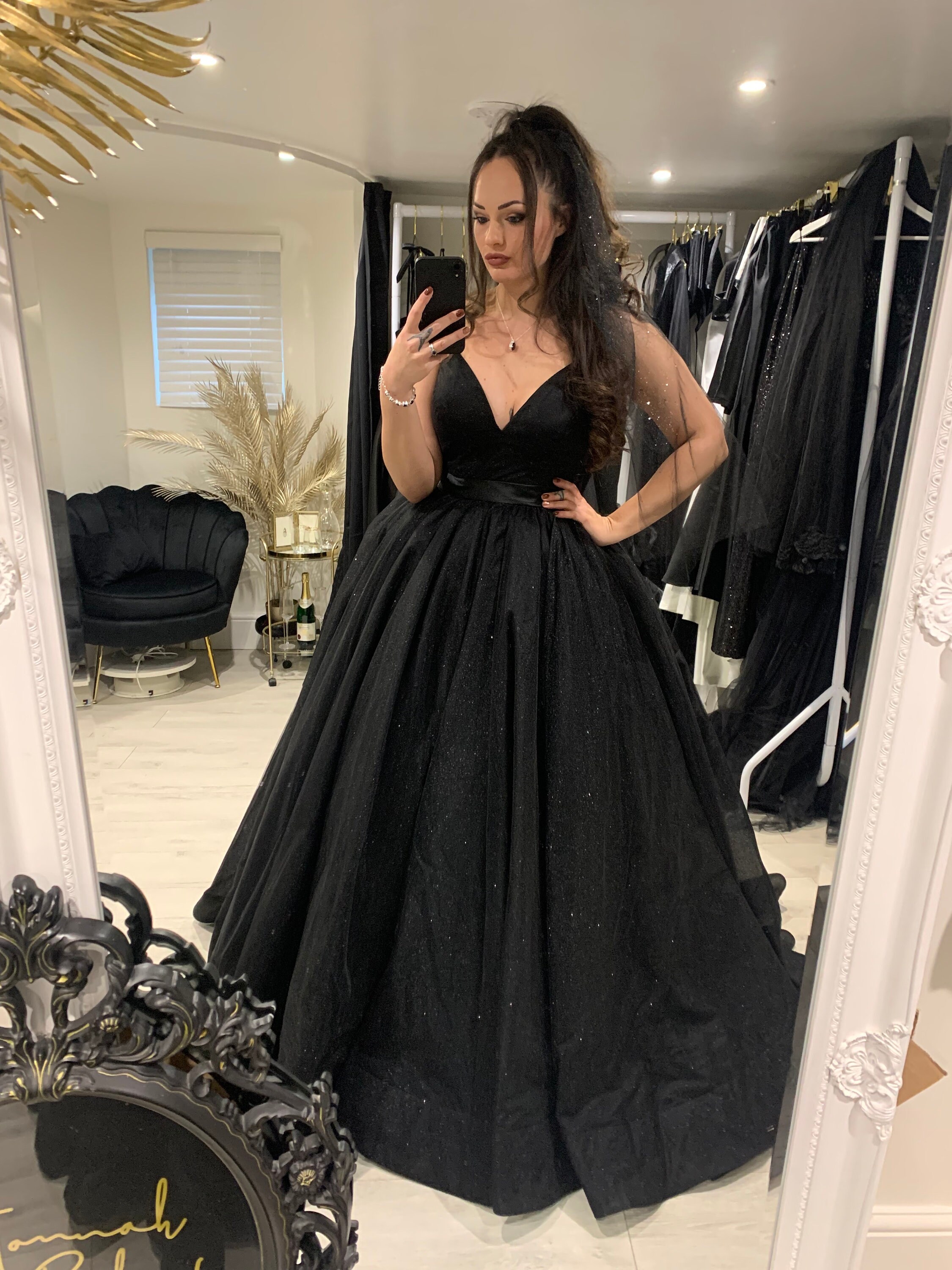 The Lethia Gown - Black Wedding Dress - Glitter Tulle With Plunge