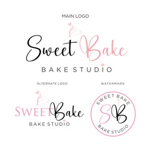 May include: A logo design set featuring the text Sweet Bake BAKE STUDIO in black and pink script and sans-serif fonts. The design includes a small pink heart icon above a cupcake graphic and a circular watermark with the initials SB.