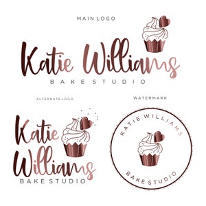 May include: A logo design for a bakery called "Katie Williams Bake Studio". The logo features a pink and brown cupcake with a heart on top. The text "Katie Williams Bake Studio" is written in a cursive font.