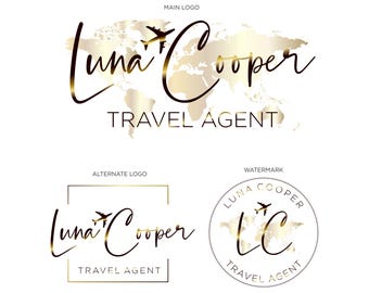 Może przedstawiać: Projekt logo z nazwą "Luna Cooper" w eleganckim skrypcie ze złotym gradientem, któremu towarzyszy mała ikona samolotu. Słowa "Travel Agent" pojawiają się poniżej. Zawiera warianty logo.