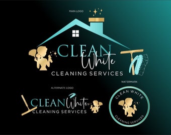 Cleaning service logo design, Broom Logo, Housekeeper Logo, Premade Cleaning Branding Kit, Full Branding Packages, Office cleaning logo