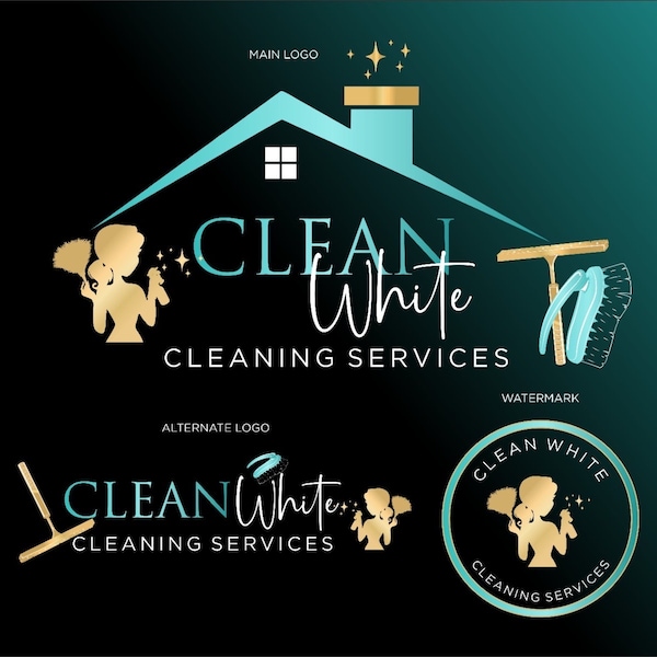 Cleaning service logo design, Broom Logo, Housekeeper Logo, Premade Cleaning Branding Kit, Full Branding Packages, Office cleaning logo