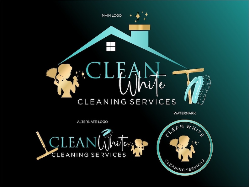 Pu&ograve; includere: Un logo per un servizio di pulizia chiamato "Clean White" che presenta una silhouette dorata di una donna che tiene un piumino e uno spruzzino. Il logo &egrave; su uno sfondo turchese con una forma di casa e una stella dorata.