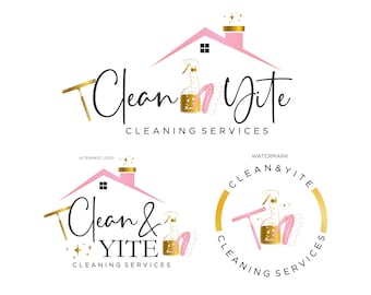House Cleaning Service Logo Design, Premade Bucket Logo, Brush, Broom, Gold,