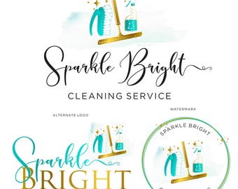 Cleaning Service Logo, Gold Sparkling Design, Premade Business Logo