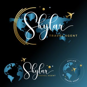 May include: A logo for a travel agent named Skylar. The logo features a blue world map with a gold outline and the text "Skylar Travel Agent" in white cursive lettering. There is a gold airplane icon above the world map.