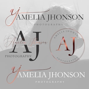 May include: A collection of logos for "Amelia Jhonson Photography" in various styles. The designs feature the name in elegant script and sans-serif fonts, with the initials "AJ" and the word "Photography". Colors include rose gold and black.