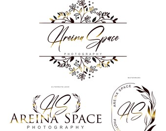 Floral Photography Logo, Gold Leaf Circle Watermark