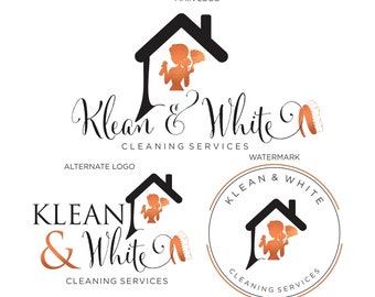 May include: A logo for a cleaning service called "Klean & White". The logo features a stylized house with a cleaning lady inside, and a broom and dustpan. The text "Klean & White" is written in a cursive font, and the words "Cleaning Services" are written below the logo.