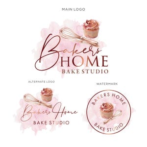 May include: Watercolor logo design for a bake studio. The design features a cupcake, whisk, and the text "Bakers Home Bake Studio" in a script font. The logo is set against a pink watercolor background.