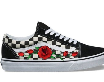 black vans with red and white checkered
