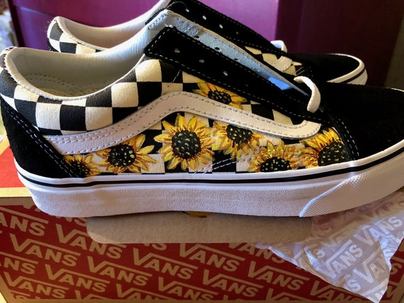 black checkered vans with sunflowers