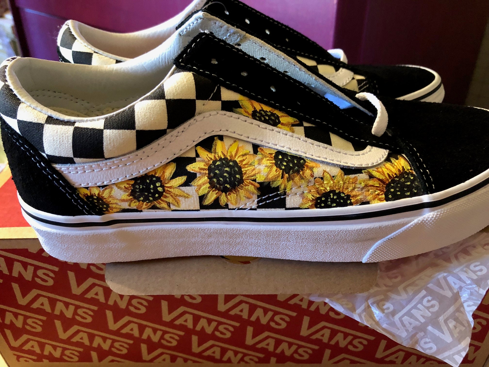 Sunflower Custom Hand Painted Vans Old Skool Primary Check | Etsy