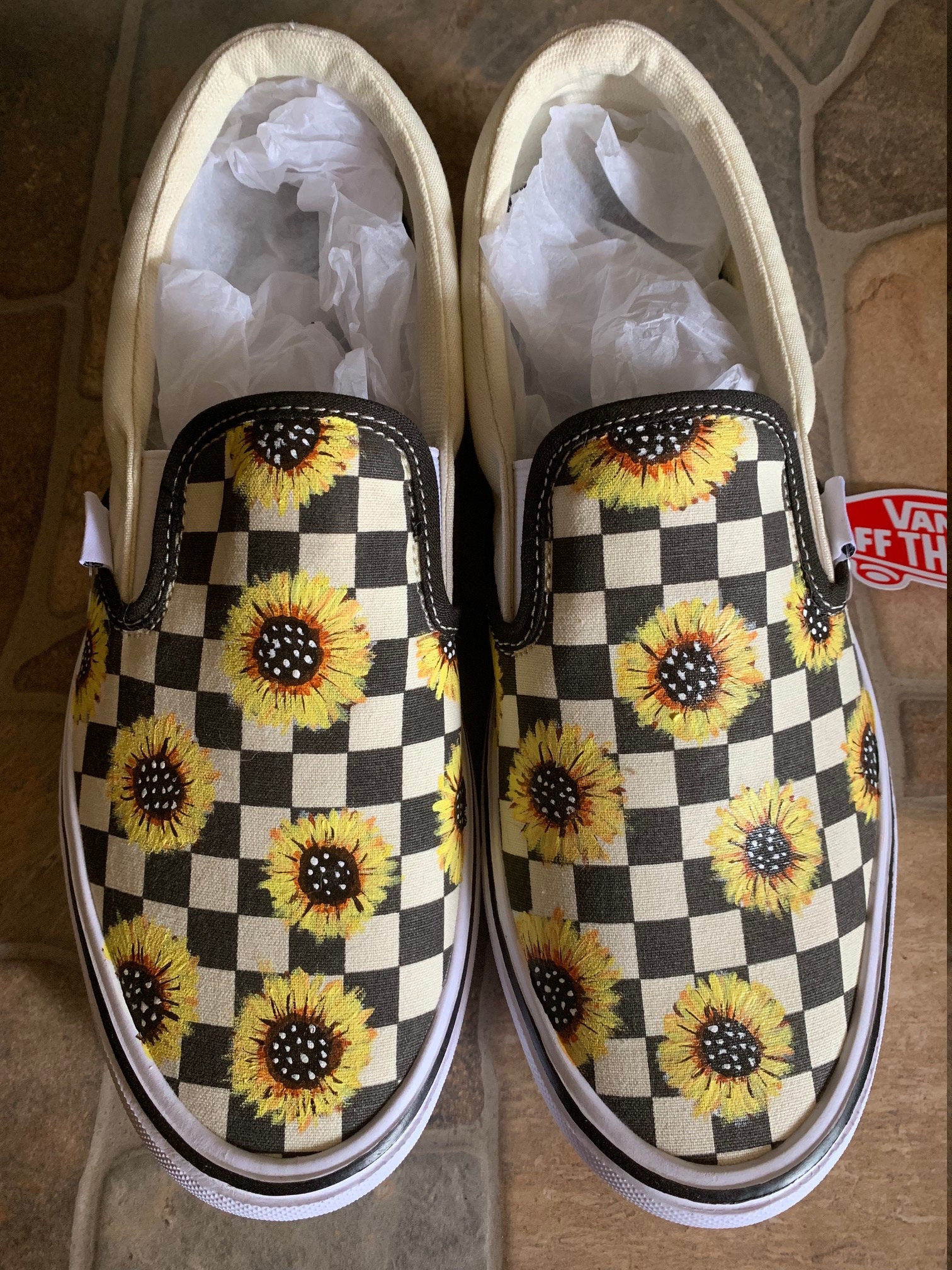 black checkered vans with sunflowers