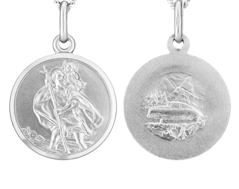 Sterling Silver St Christopher 16mm Round Pendants Satin Finish Travel Back Car Boat Planes Free Gift  Box Optional 16" 18" 20" Curb Chain