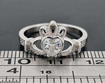Sterling Silver Claddagh Ring Childs Ladies Gents White Cubic Zirconia CZ April Birthstone Cladda Heart Hands Irish Wed Gift Box Large Sizes