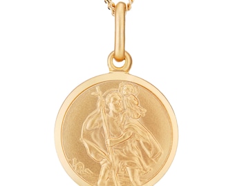 9ct Gold on Sterling Silver St Christopher 14mm Round Pendants Satin Finish Plain Back Free Gift Box Optional 16" 18" 20" Curb Chain