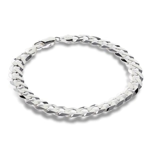 925 Sterling Silver Curb Chain Gents 8mm Diamond Cut D/C Flat Link Bracelet Gift Box