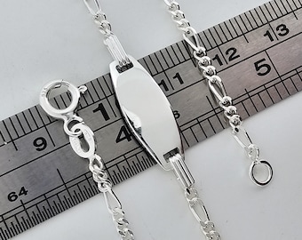 Sterling Silver Baby ID Bracelets Identity Plate 2.0mm Figaro Chain Free Engraving Gift Box