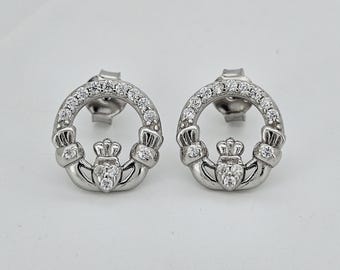 Sterling Silver Claddagh Stud Earrings 13mm White CZ Studs