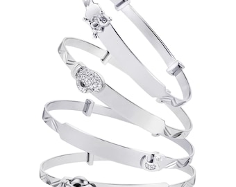 Sterling Silver Baby Bangle Free Engraving ID Expandable Christening Identity Plate Bracelet Teddy Boxing Glove Duck Free Gift Box