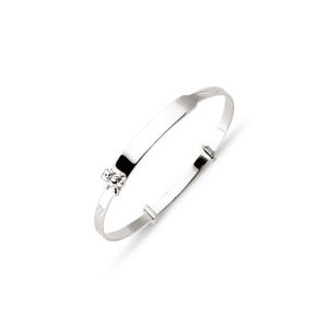 May include: A silver adjustable baby bracelet with a small floral design. The bracelet has a smooth, rectangular plate for engraving and a clasp for adjusting the size. The bracelet is made of shiny, polished metal.